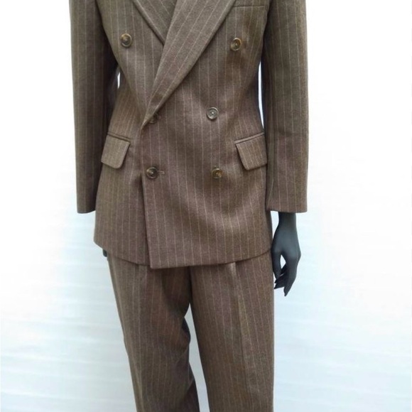 VTG 90s Ralph Lauren Chalk Pinstripe Suit chocolate  Wool Peak Lapel DBLBreasted - Picture 4 of 16